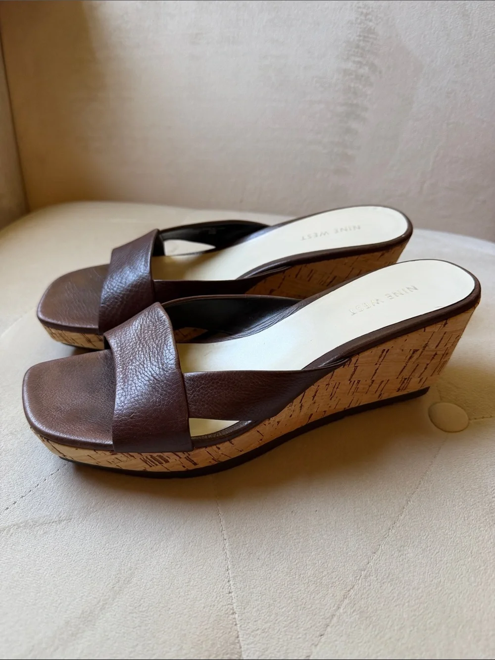 Nine West Brown Leather Cork-Textured Wedge Sandals